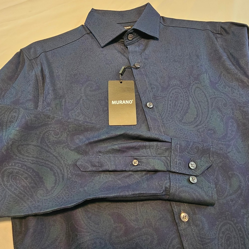 Murano S Midnight Blue with Green Paisley Long Slv Button Down Shirt NWT L1006